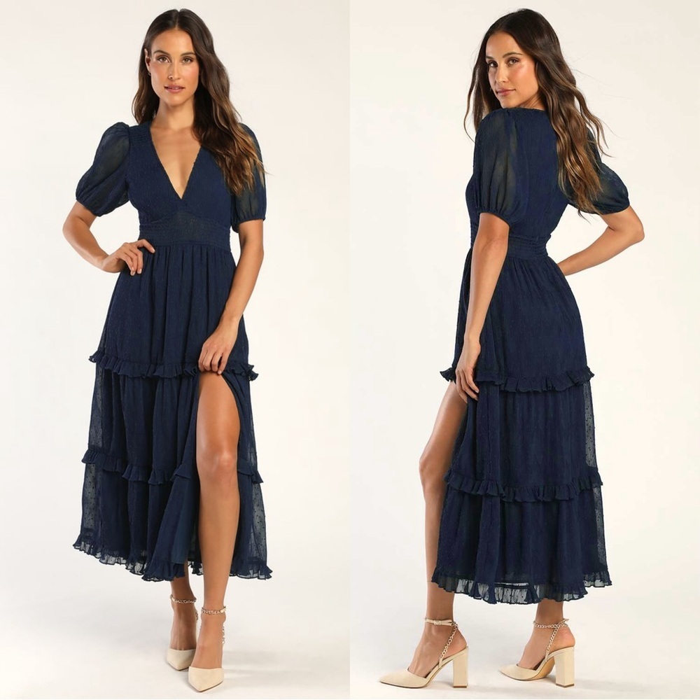 Lulu's Navy Tiered Midi Dress with Puff Sleeves